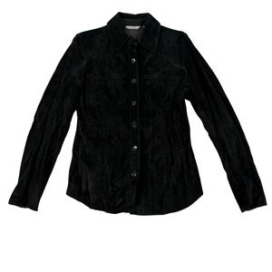 Vtg Madison Studio Black Suede Leather Embroidered Beaded Button Down Shirt M